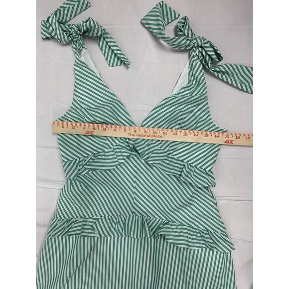 BCBGeneration Tie Shoulder Green And White Stripe Ruffle Dress 6 - Picture 15 of 16